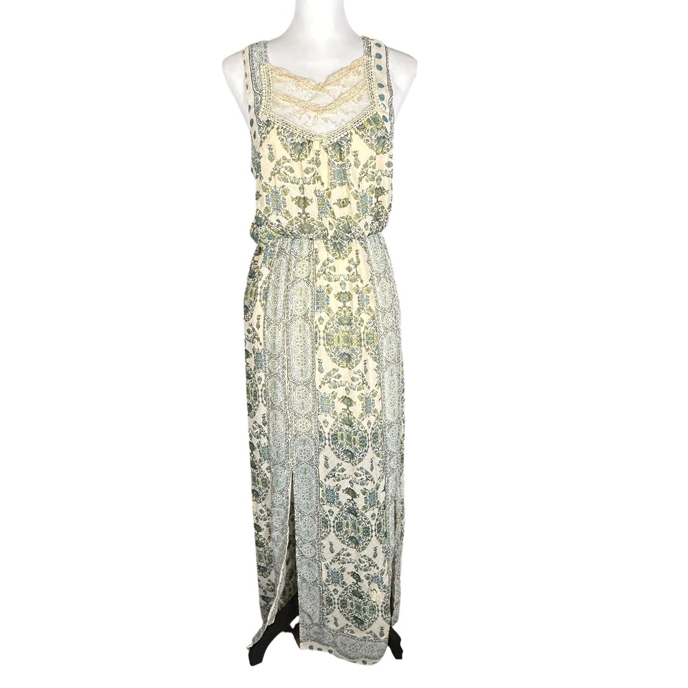 Free People Maxi Dress Womens Size 6 Cream Green Damask Lace Open Back Boho